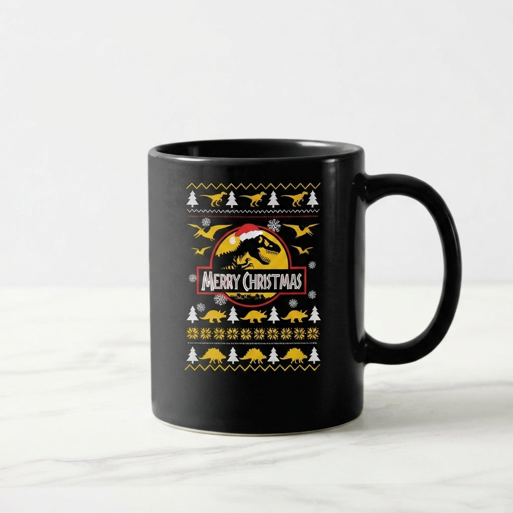 Funny Dinosaur Christmas Coffee Mug - "Merry Christmas" T-Rex Ugly Sweater Style Black Ceramic Tea Cup - Holiday Gift for Dino Lovers
