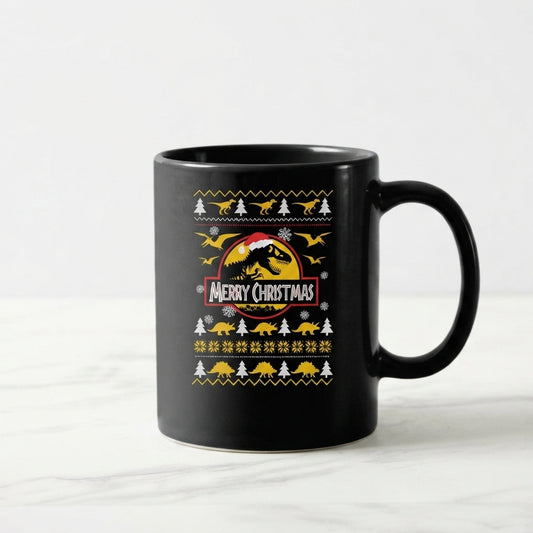 Funny Dinosaur Christmas Coffee Mug - "Merry Christmas" T-Rex Ugly Sweater Style Black Ceramic Tea Cup - Holiday Gift for Dino Lovers