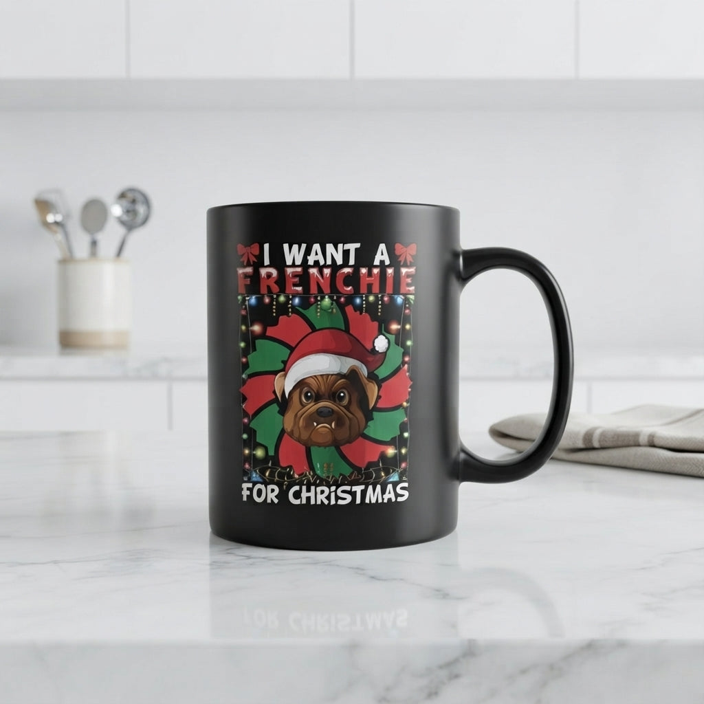"I Want A Frenchie For Christmas" Dog Coffee Mug 11oz - Black Ceramic Tea Cup
