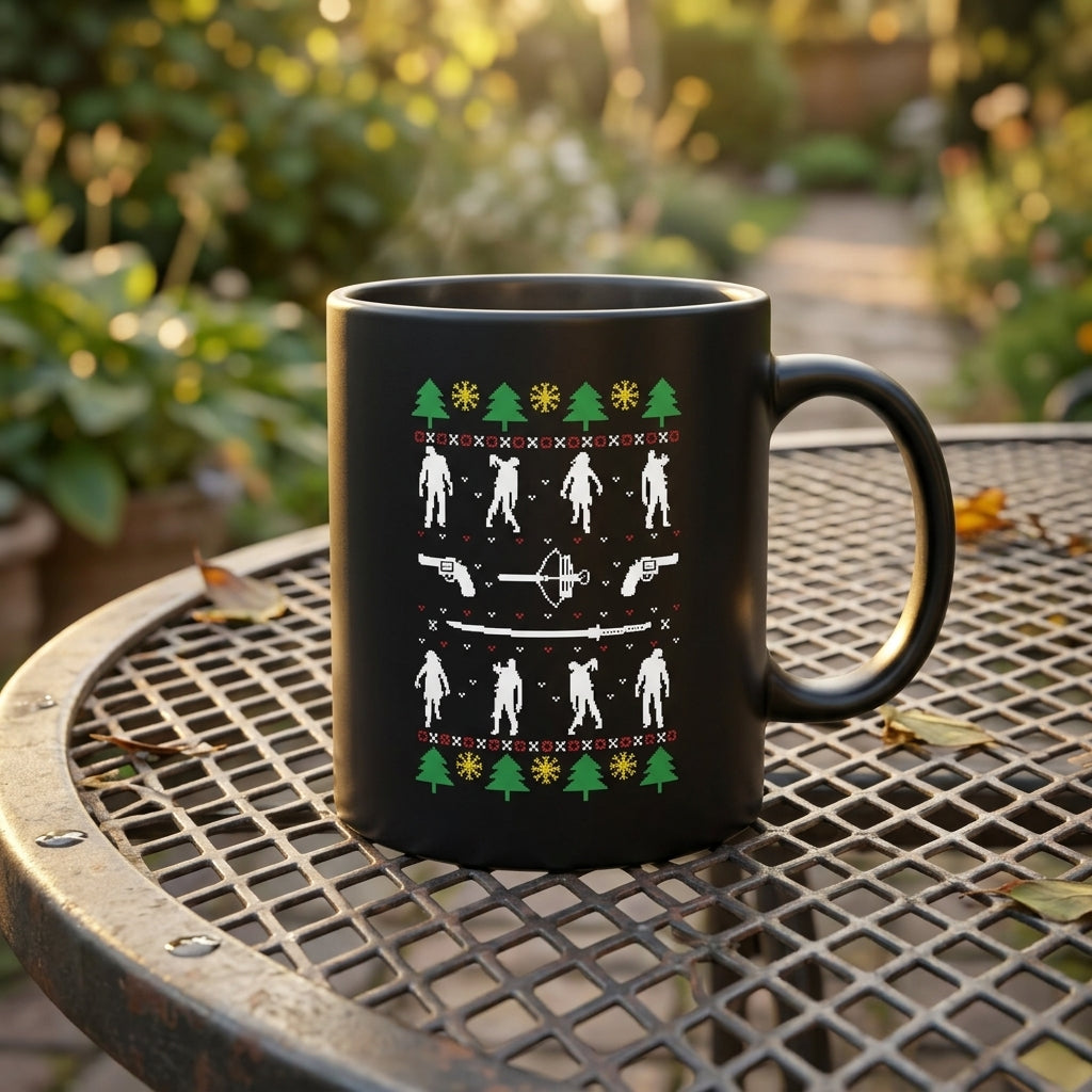 Zombie Apocalypse Pixel Ugly Sweater Christmas Coffee Mug 11oz - Black Ceramic Tea Cup