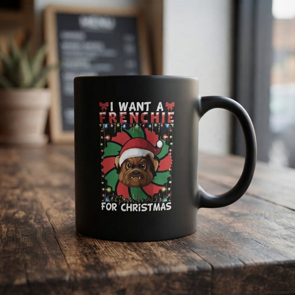 "I Want A Frenchie For Christmas" Dog Coffee Mug 11oz - Black Ceramic Tea Cup