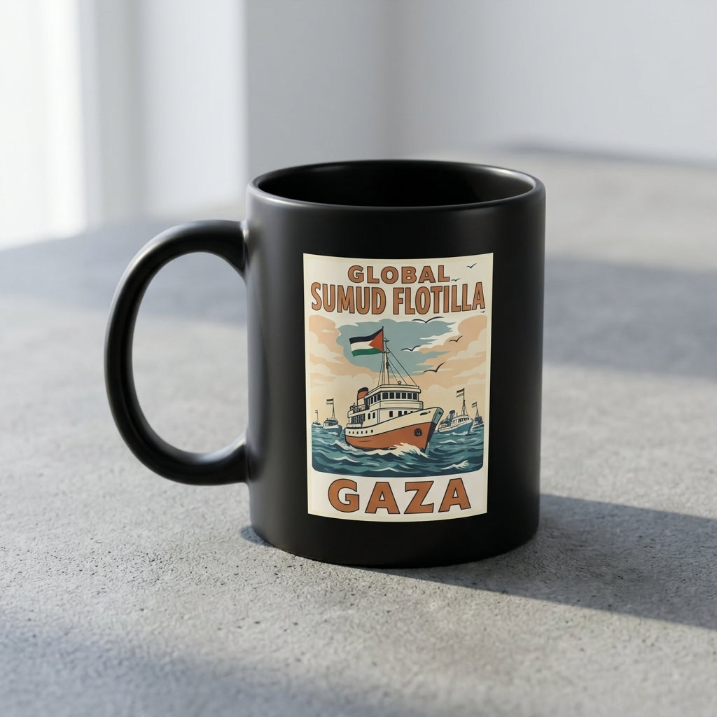 Global Sumud Flotilla Gaza Vintage Poster Artwork Black Ceramic Coffee Mug - Meaningful Solidarity Graphic Drinkware Cup (11oz)