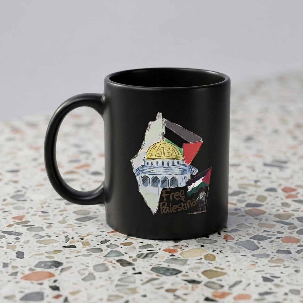 Free Palestine Dome of the Rock Map Artwork Black Ceramic Coffee Mug - Meaningful Cultural Graphic Drinkware Cup (11oz)