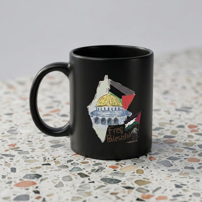 Free Palestine Dome of the Rock Map Artwork Black Ceramic Coffee Mug - Meaningful Cultural Graphic Drinkware Cup (11oz)