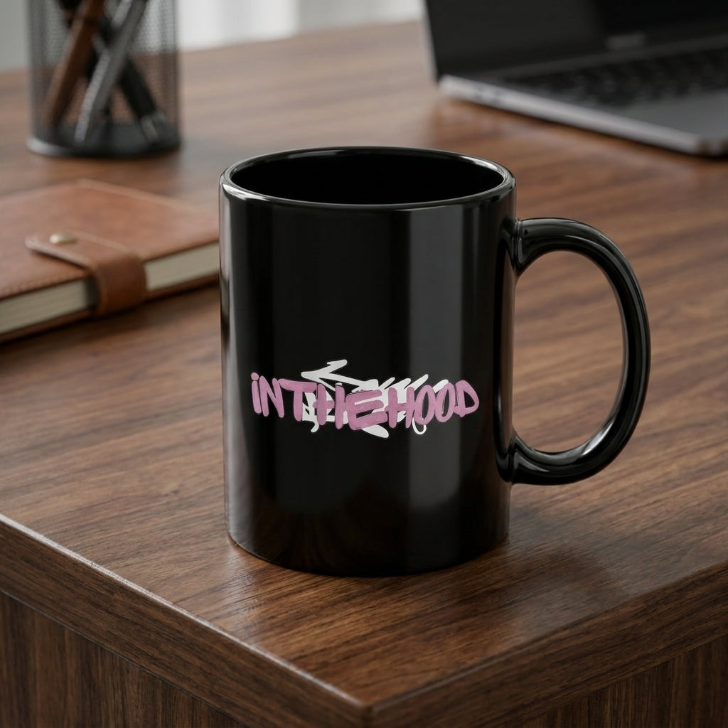 In The Hood Pink Graffiti Tag Glossy Black Ceramic Coffee Mug - Urban Streetwear Graphic Printed Tea Cup (11oz)