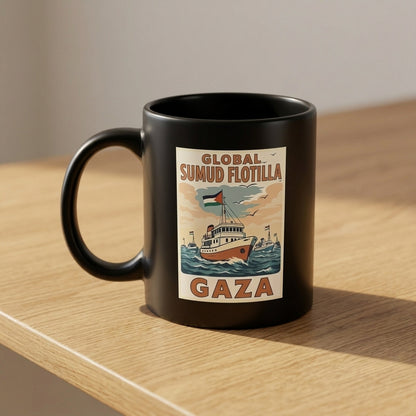 Global Sumud Flotilla Gaza Vintage Poster Artwork Black Ceramic Coffee Mug - Meaningful Solidarity Graphic Drinkware Cup (11oz)