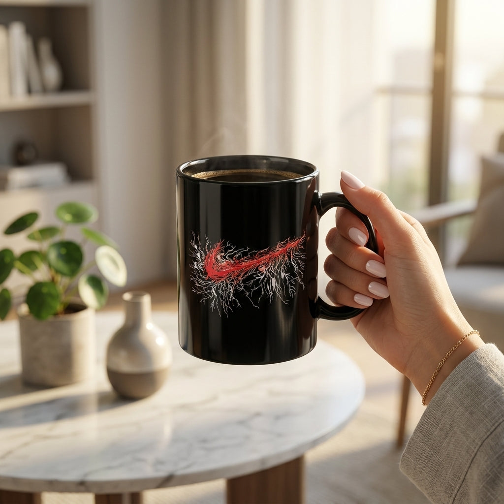 Abstract Flame & Roots Swoosh Glossy Black Ceramic Mug - 11oz