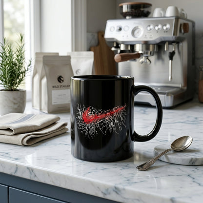 Abstract Flame & Roots Swoosh Glossy Black Ceramic Mug - 11oz