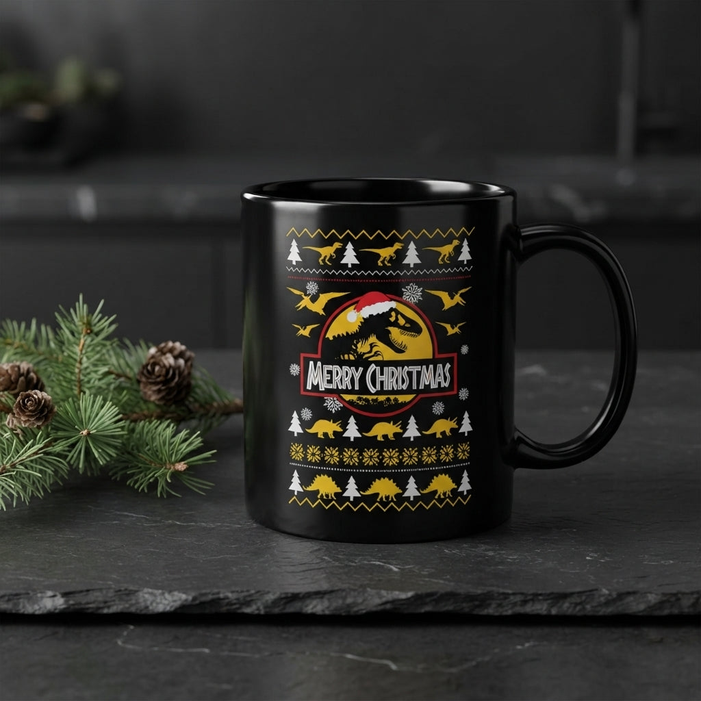 Funny Dinosaur Christmas Coffee Mug - "Merry Christmas" T-Rex Ugly Sweater Style Black Ceramic Tea Cup - Holiday Gift for Dino Lovers