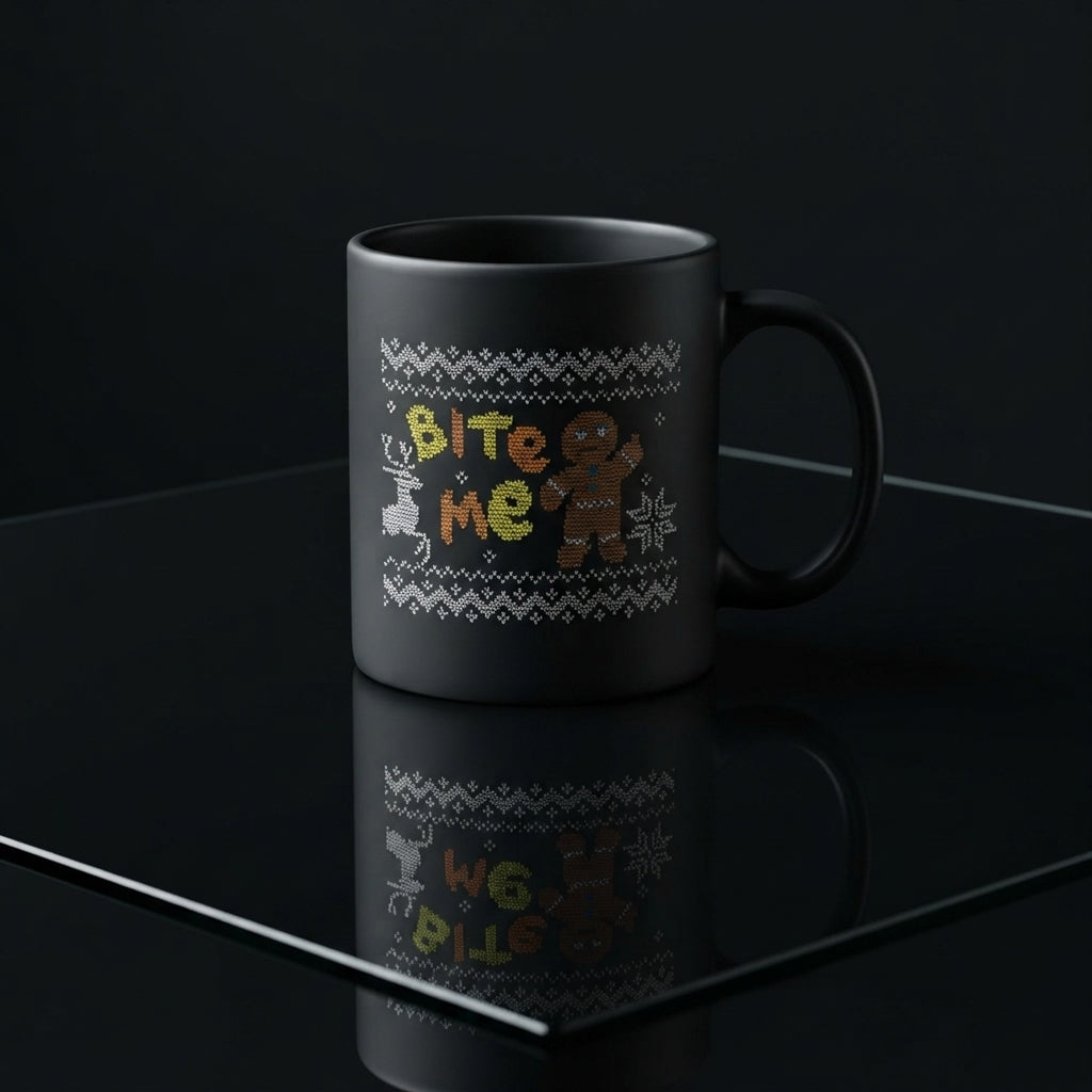 Funny "Bite Me" Ugly Sweater Gingerbread Man Christmas Coffee Mug 11oz - Black Ceramic Tea Cup