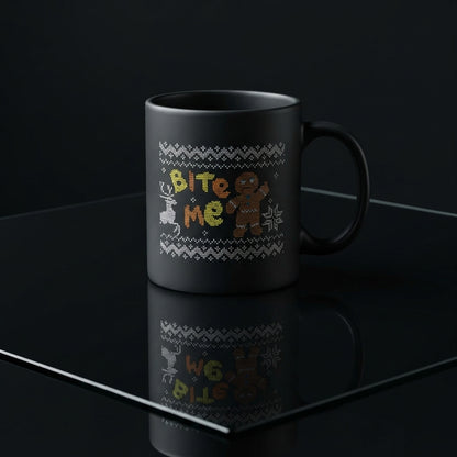 Funny "Bite Me" Ugly Sweater Gingerbread Man Christmas Coffee Mug 11oz - Black Ceramic Tea Cup