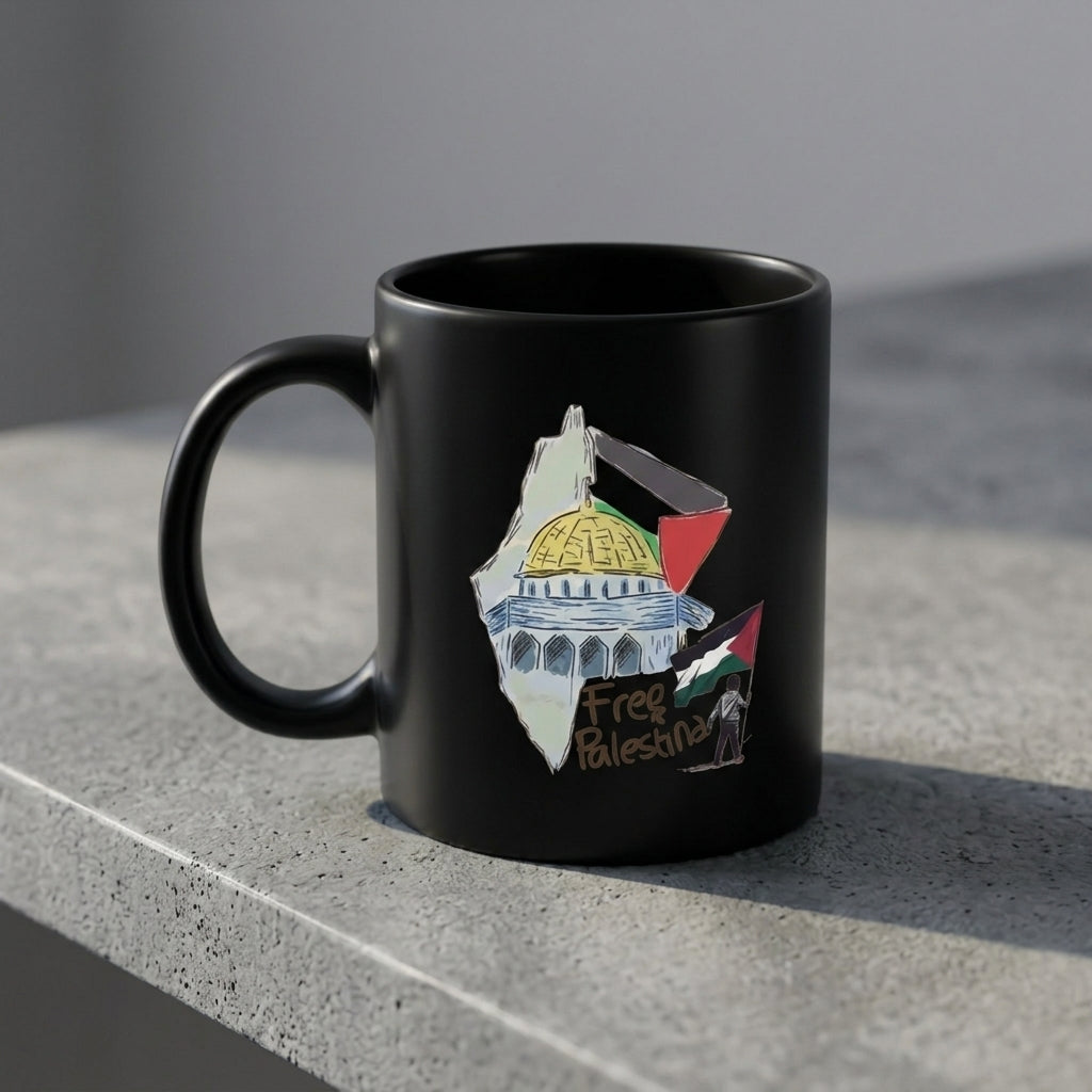 Free Palestine Dome of the Rock Map Artwork Black Ceramic Coffee Mug - Meaningful Cultural Graphic Drinkware Cup (11oz)