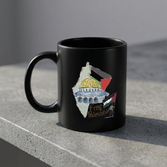Free Palestine Dome of the Rock Map Artwork Black Ceramic Coffee Mug - Meaningful Cultural Graphic Drinkware Cup (11oz)