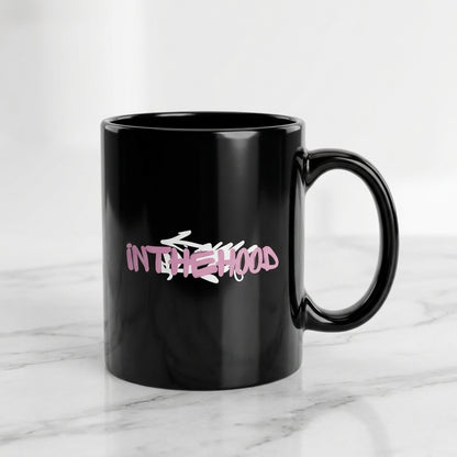 In The Hood Pink Graffiti Tag Glossy Black Ceramic Coffee Mug - Urban Streetwear Graphic Printed Tea Cup (11oz)