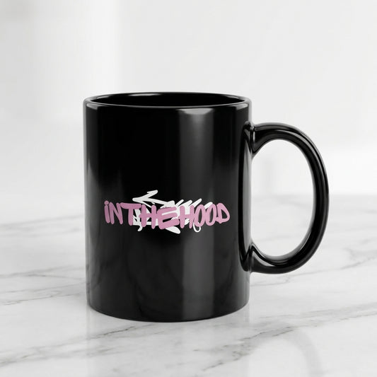 In The Hood Pink Graffiti Tag Glossy Black Ceramic Coffee Mug - Urban Streetwear Graphic Printed Tea Cup (11oz)