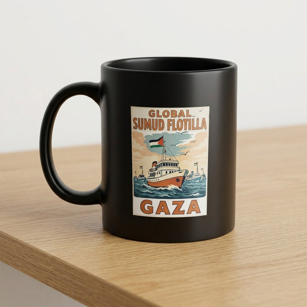 Global Sumud Flotilla Gaza Vintage Poster Artwork Black Ceramic Coffee Mug - Meaningful Solidarity Graphic Drinkware Cup (11oz)