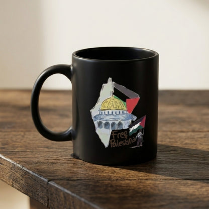 Free Palestine Dome of the Rock Map Artwork Black Ceramic Coffee Mug - Meaningful Cultural Graphic Drinkware Cup (11oz)