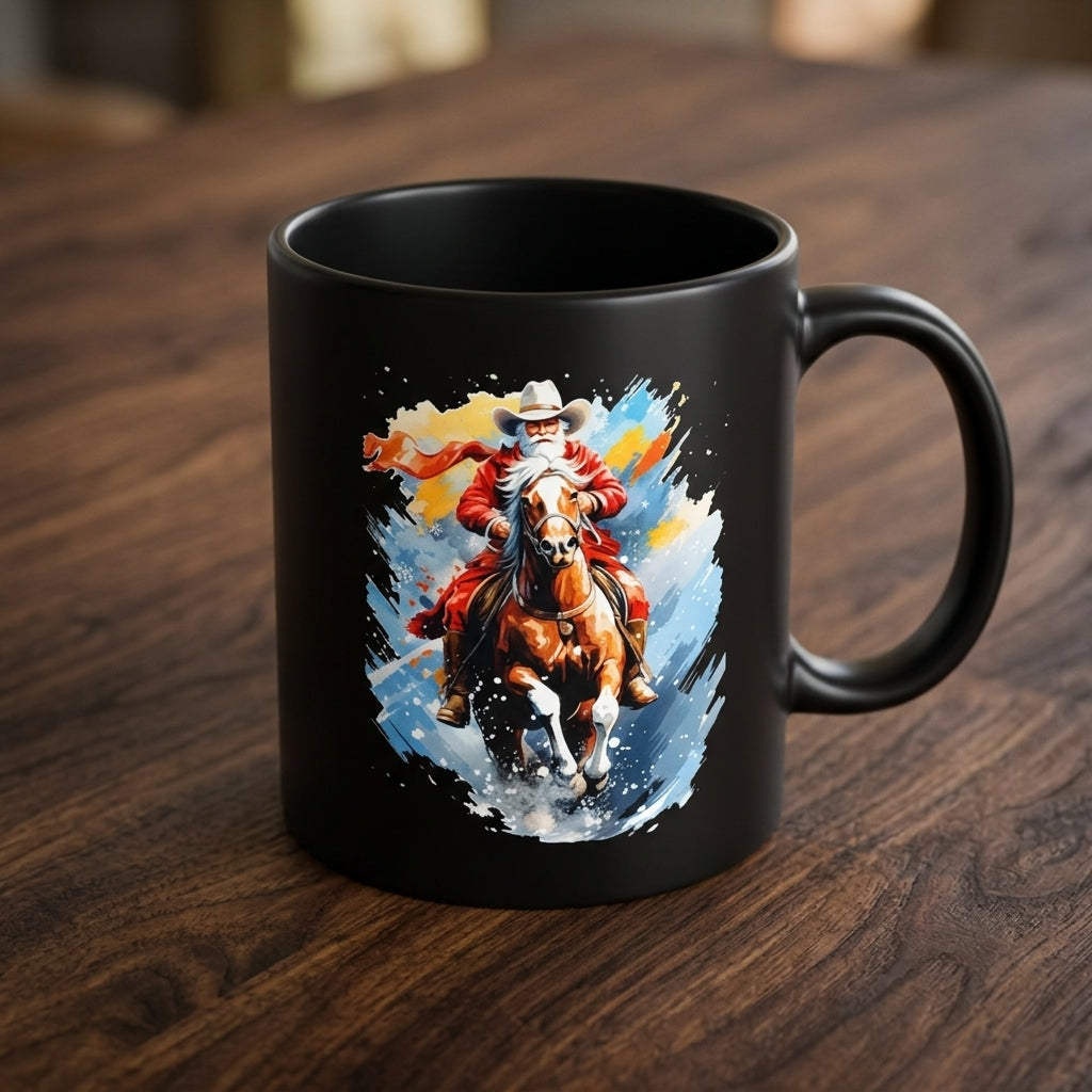 Western Cowboy Santa Riding Horse Christmas Coffee Mug 11oz - Black Ceramic Tea Cup