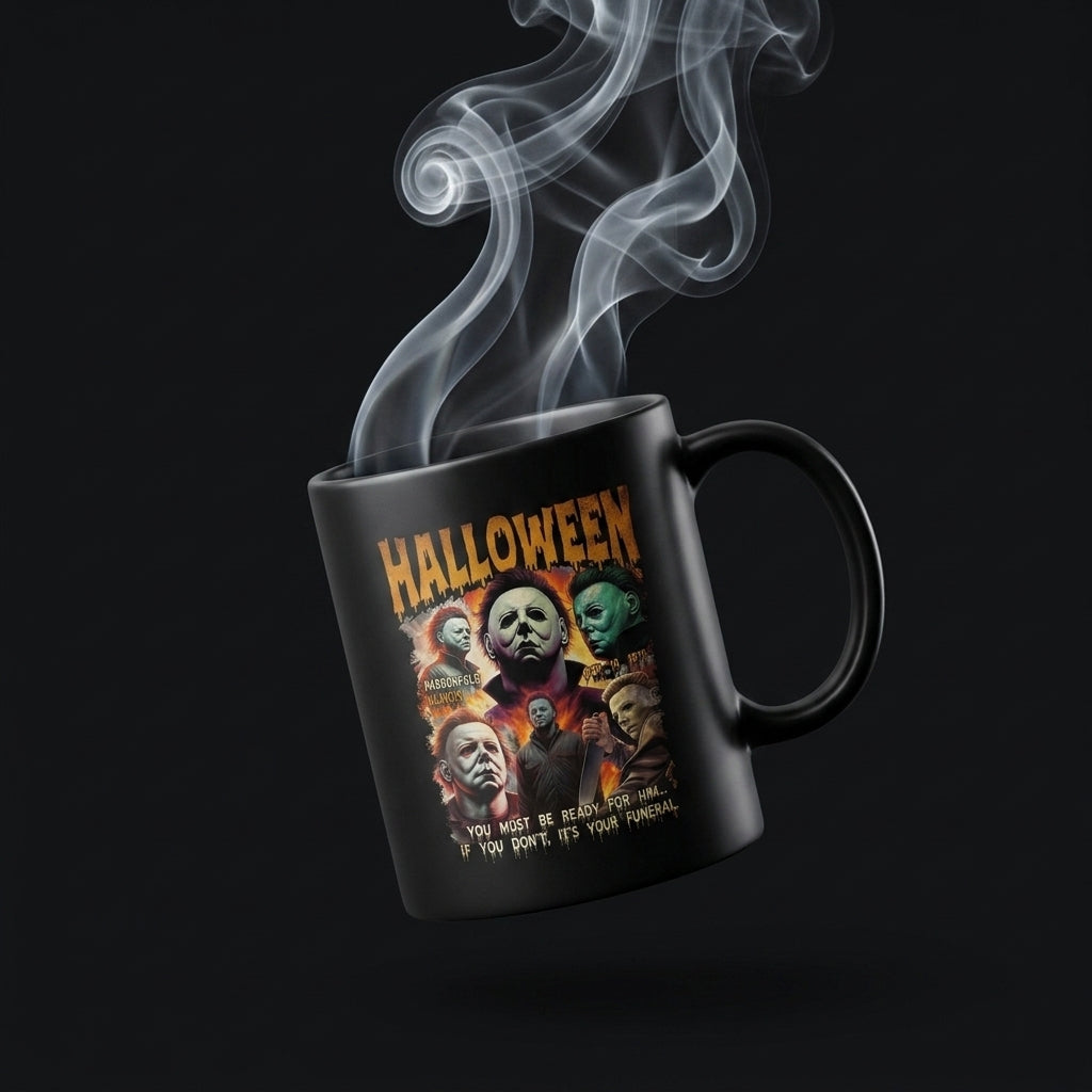 Halloween Michael Myers Classic Horror Movie Collage Black Ceramic Mug - Spooky Vintage Slasher Coffee Cup (11oz)