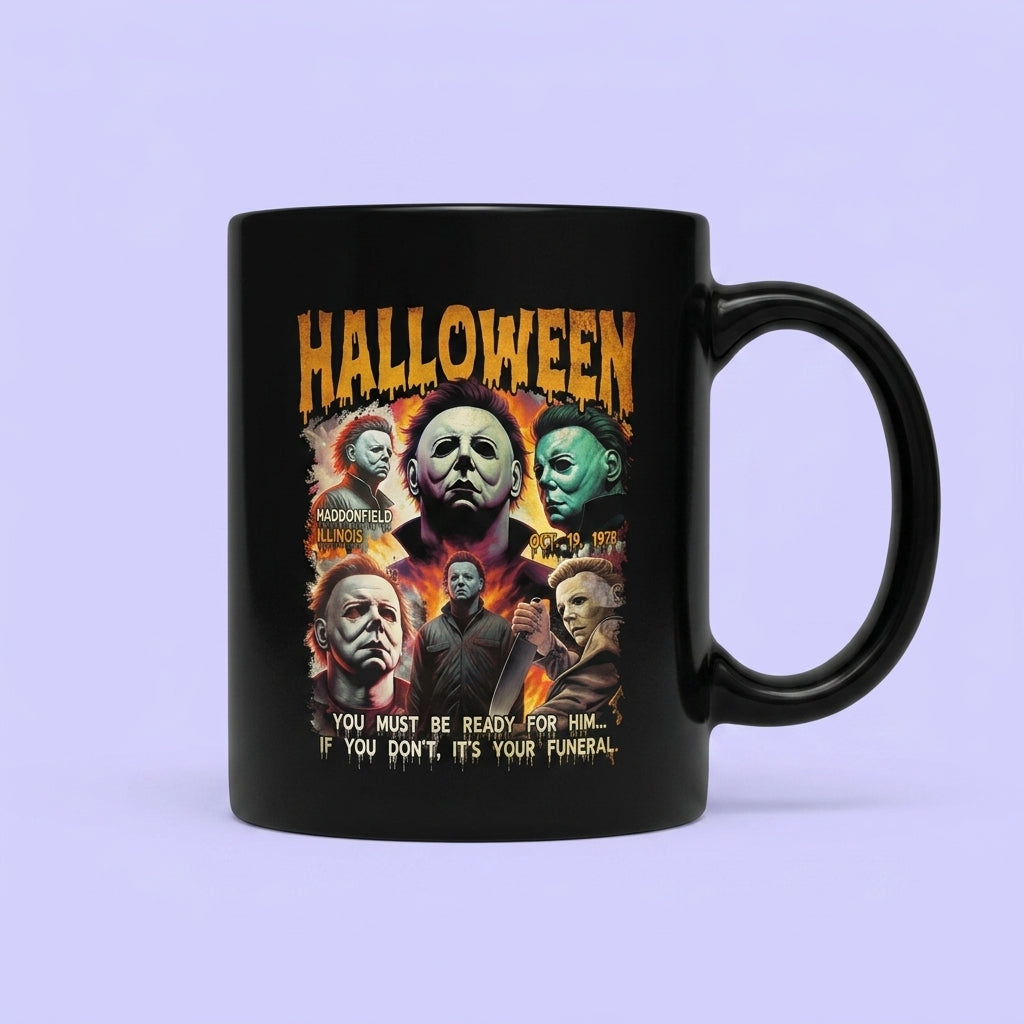 Halloween Michael Myers Classic Horror Movie Collage Black Ceramic Mug - Spooky Vintage Slasher Coffee Cup (11oz)