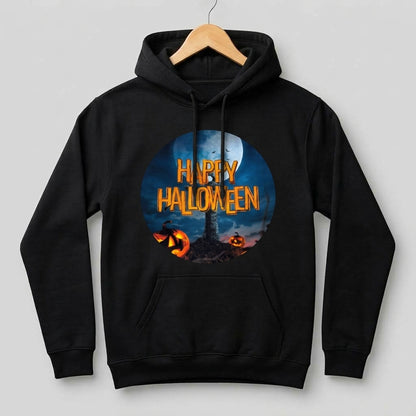 Happy Halloween Full Moon Graveyard Pumpkin Graphic Pullover Hoodie
