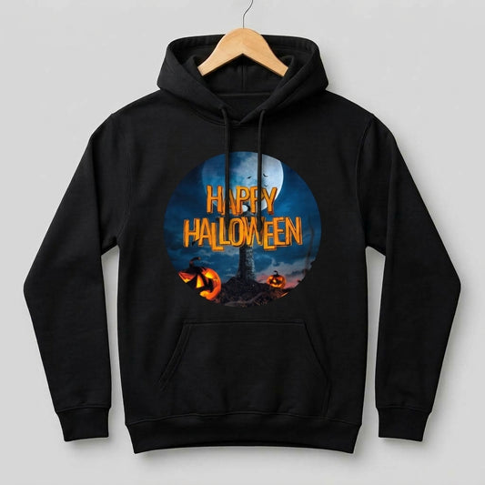Happy Halloween Full Moon Graveyard Pumpkin Graphic Pullover Hoodie