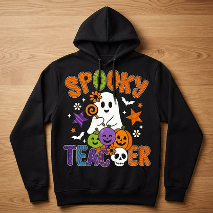 Spooky Teacher Ghost Pumpkins Retro Halloween Graphic Pullover Hoodie