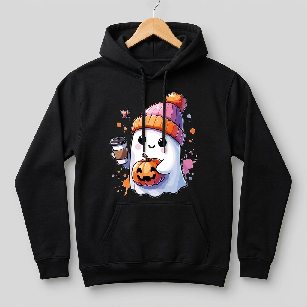 Cute Ghost Beanie Iced Coffee Pumpkin Fall Halloween Graphic Pullover Hoodie