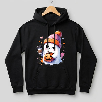 Cute Ghost Beanie Iced Coffee Pumpkin Fall Halloween Graphic Pullover Hoodie