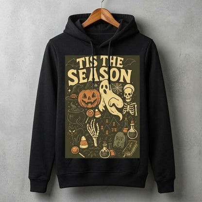Tis The Season Spooky Collage Ghost Skeleton Pumpkin Graphic Pullover Hoodie