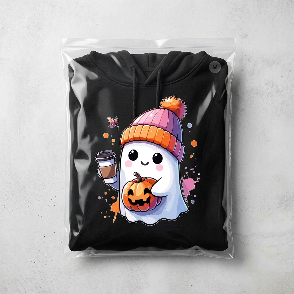 Cute Ghost Beanie Iced Coffee Pumpkin Fall Halloween Graphic Pullover Hoodie