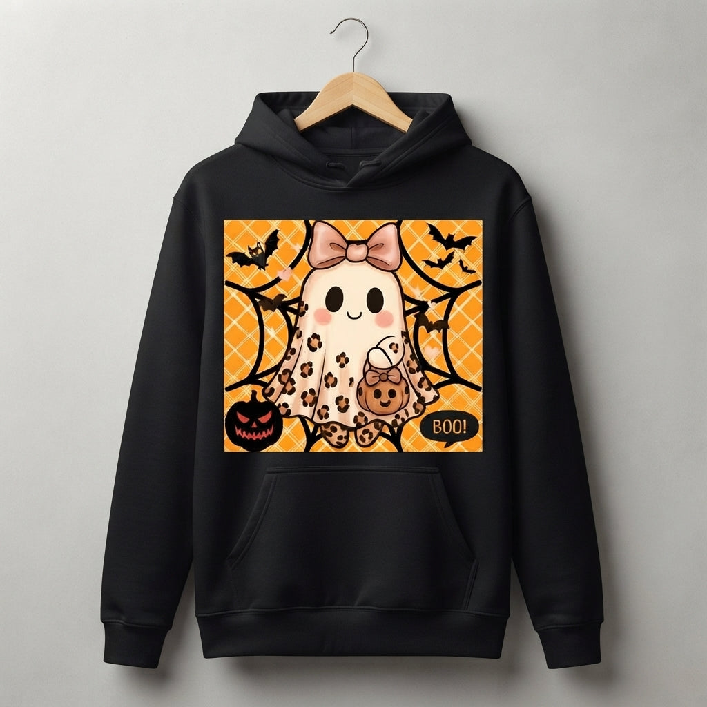 Cute Leopard Ghost Bow Pumpkin Halloween Graphic Pullover Hoodie