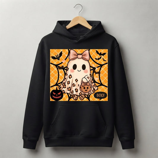 Cute Leopard Ghost Bow Pumpkin Halloween Graphic Pullover Hoodie