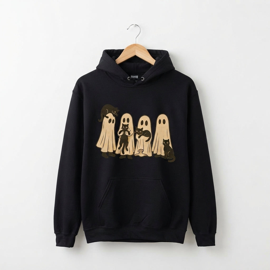 Spooky Ghost Sheet Black Cats Halloween Graphic Pullover Hoodie