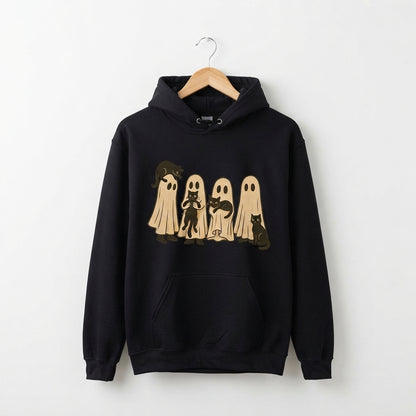 Spooky Ghost Sheet Black Cats Halloween Graphic Pullover Hoodie