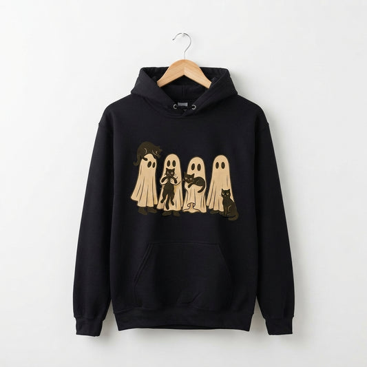 Spooky Ghost Sheet Black Cats Halloween Graphic Pullover Hoodie