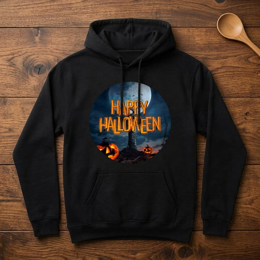 Happy Halloween Full Moon Graveyard Pumpkin Graphic Pullover Hoodie