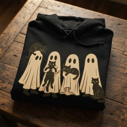 Spooky Ghost Sheet Black Cats Halloween Graphic Pullover Hoodie