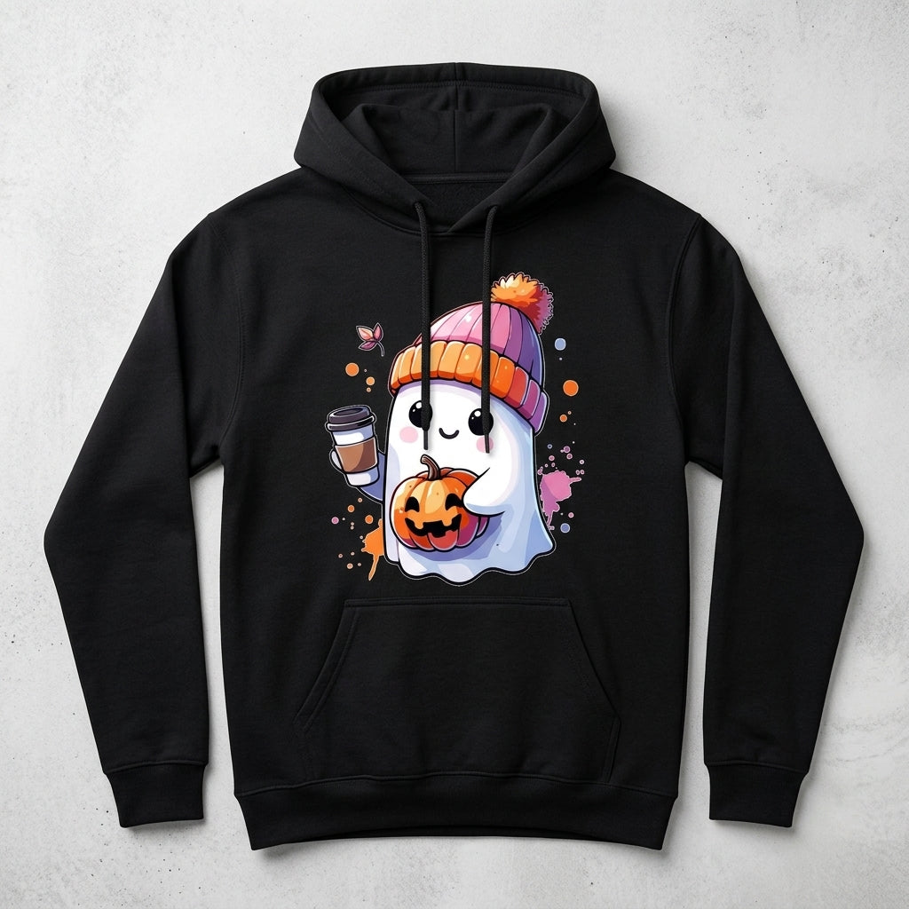 Cute Ghost Beanie Iced Coffee Pumpkin Fall Halloween Graphic Pullover Hoodie