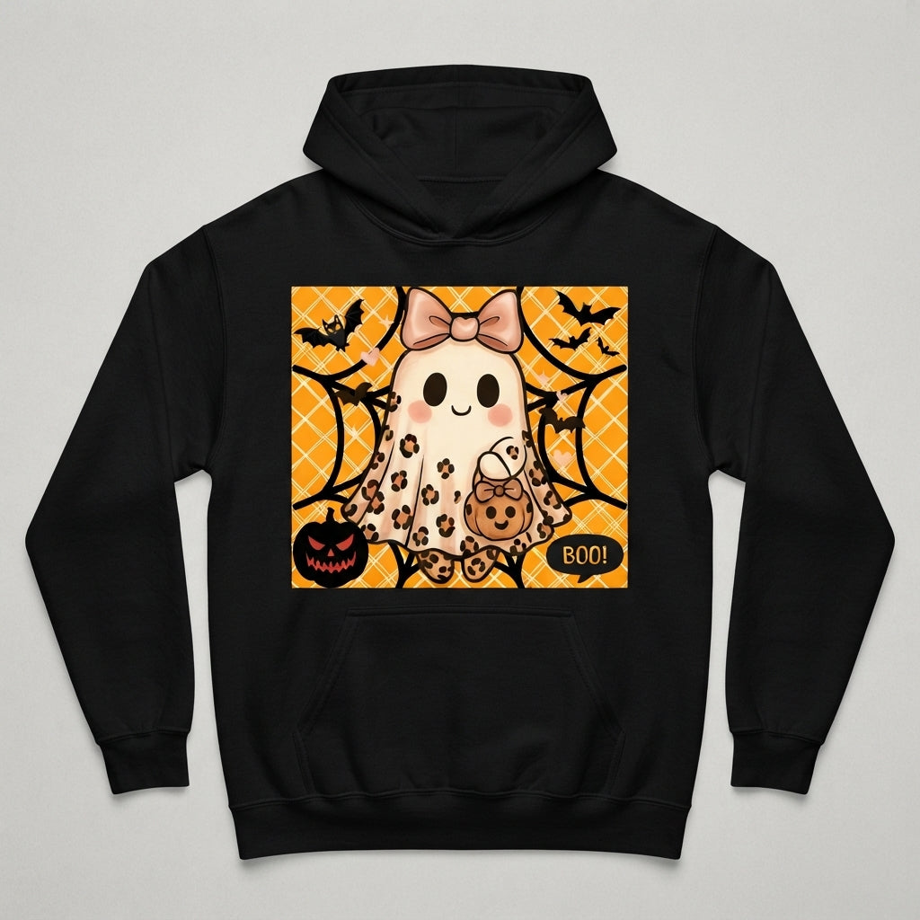 Cute Leopard Ghost Bow Pumpkin Halloween Graphic Pullover Hoodie