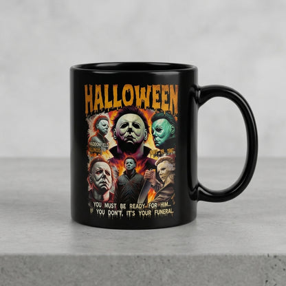 Halloween Michael Myers Classic Horror Movie Collage Black Ceramic Mug - Spooky Vintage Slasher Coffee Cup (11oz)