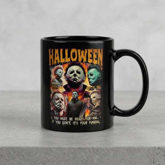 Halloween Michael Myers Classic Horror Movie Collage Black Ceramic Mug - Spooky Vintage Slasher Coffee Cup (11oz)