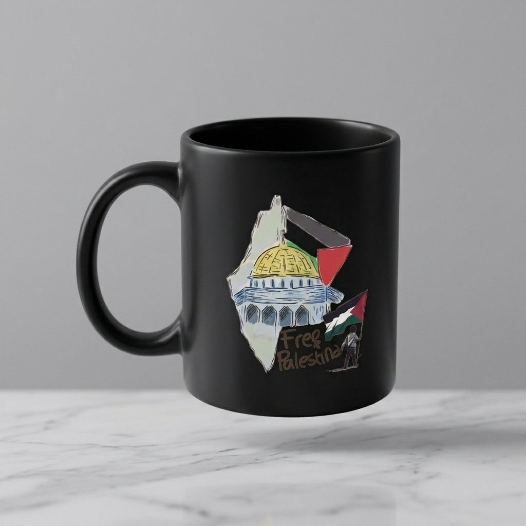 Free Palestine Dome of the Rock Map Artwork Black Ceramic Coffee Mug - Meaningful Cultural Graphic Drinkware Cup (11oz)