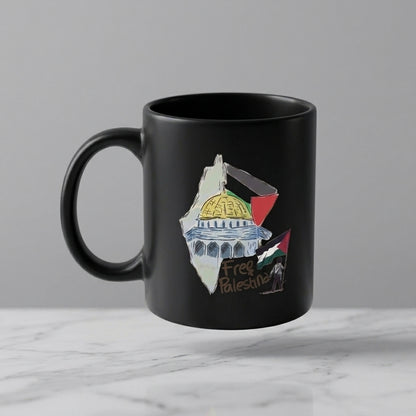 Free Palestine Dome of the Rock Map Artwork Black Ceramic Coffee Mug - Meaningful Cultural Graphic Drinkware Cup (11oz)