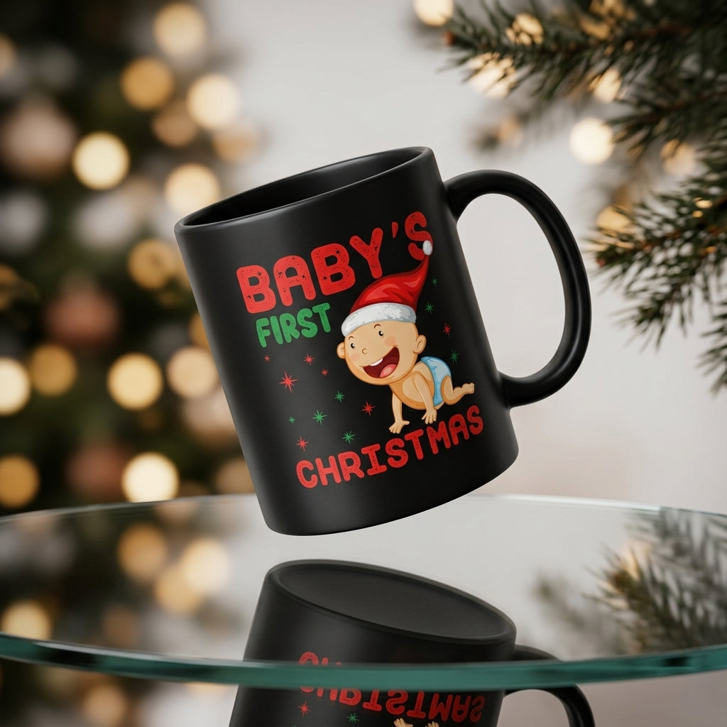 "Baby's First Christmas" Cute Santa Hat Coffee Mug 11oz - Black Ceramic Tea Cup