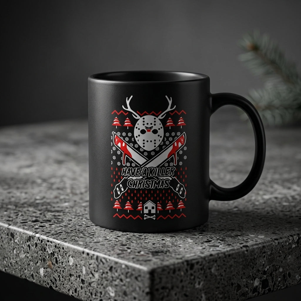 Funny "Have A Killer Christmas" Ugly Sweater Coffee Mug 11oz - Black Ceramic Tea Cup