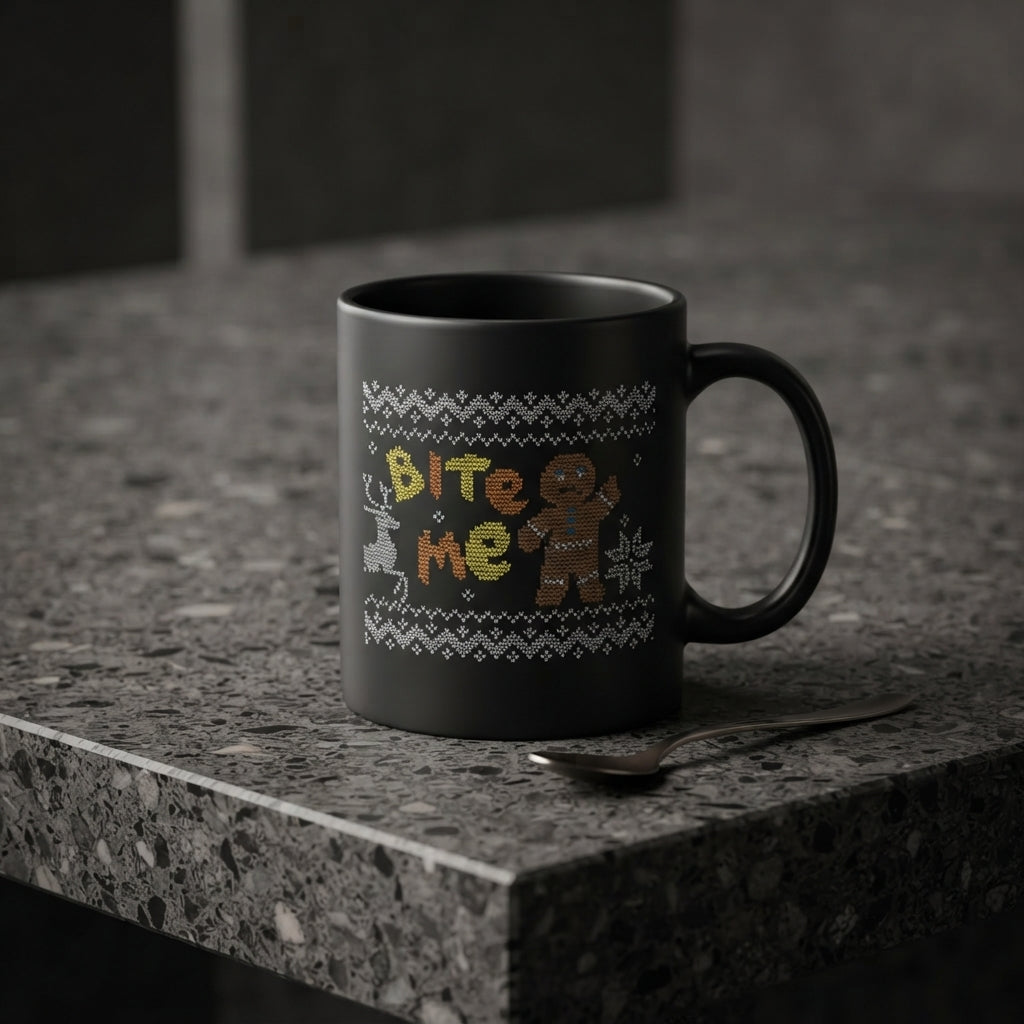 Funny "Bite Me" Ugly Sweater Gingerbread Man Christmas Coffee Mug 11oz - Black Ceramic Tea Cup