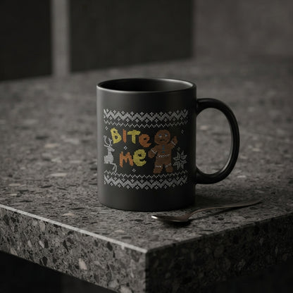 Funny "Bite Me" Ugly Sweater Gingerbread Man Christmas Coffee Mug 11oz - Black Ceramic Tea Cup