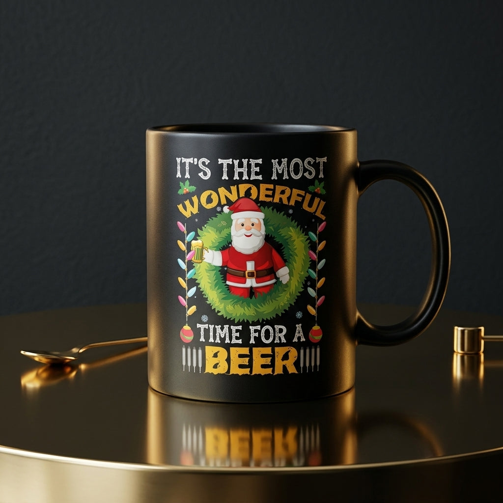 Funny "Most Wonderful Time For A Beer" Santa Christmas Coffee Mug 11oz - Black Ceramic Tea Cup