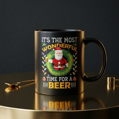 Funny "Most Wonderful Time For A Beer" Santa Christmas Coffee Mug 11oz - Black Ceramic Tea Cup